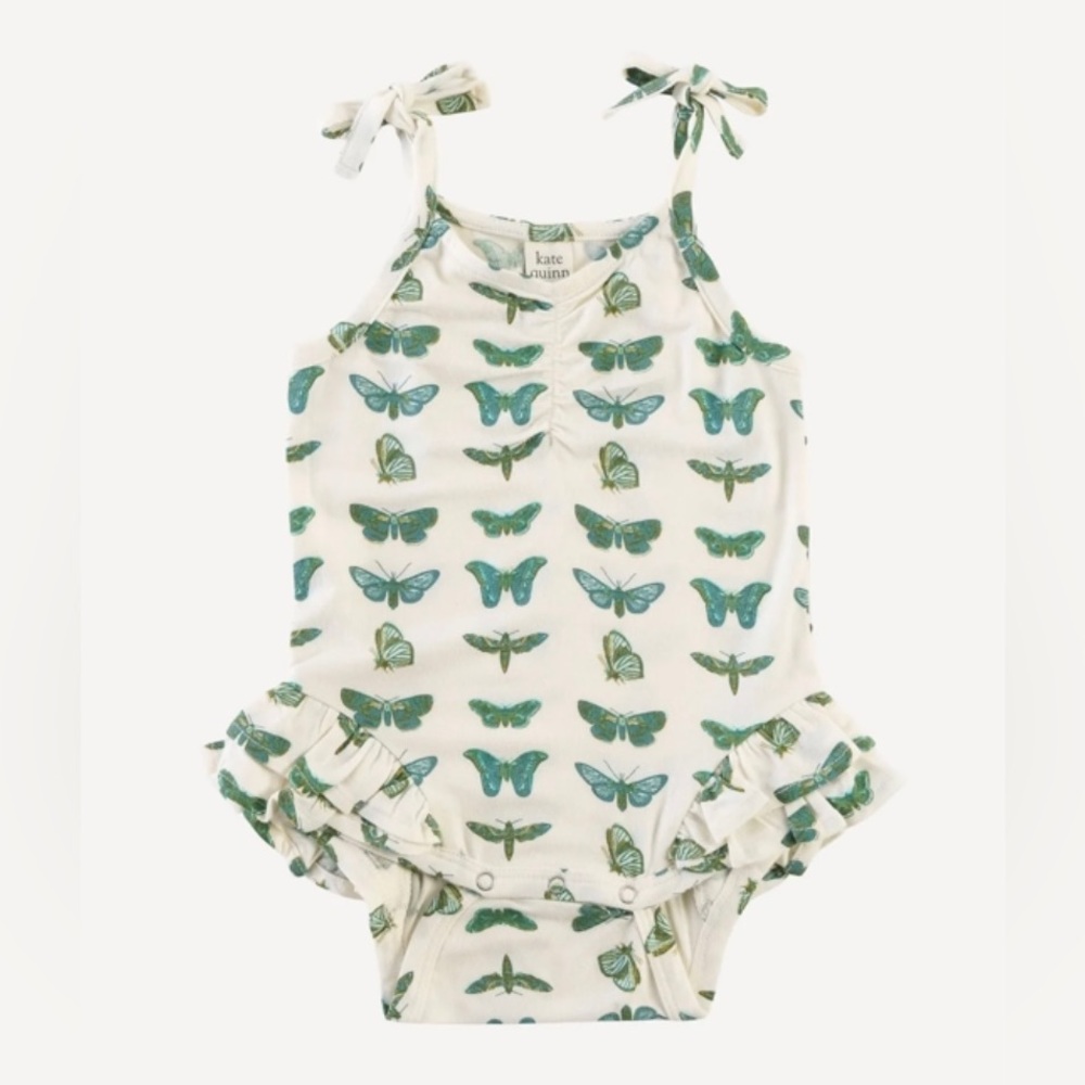 Kate Quinn SPAGHETTI TIE RUCHED DOUBLE RUFFLE TURQUOISE MOTH body suit